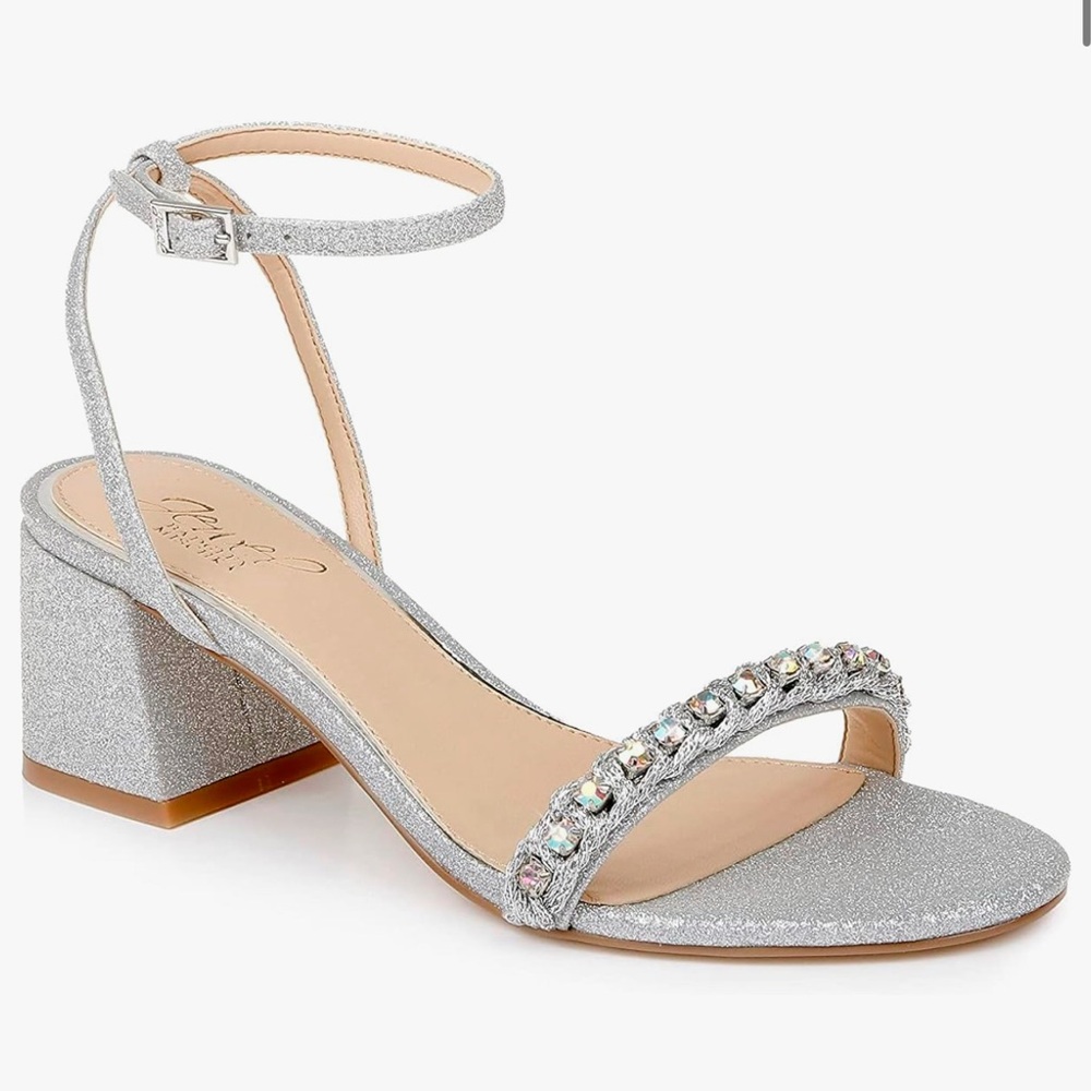 Jewel Badgley Mischka Women's ODONNA Silver Chunky Heel Wrap Ankle Sandal 5. NIB